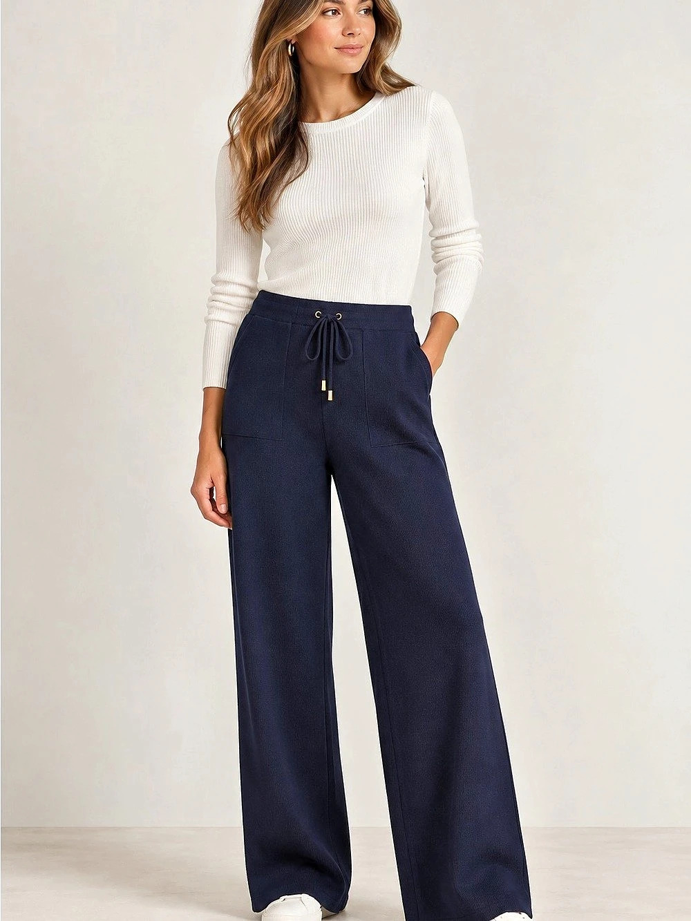St. John Navy Santana Knit Wide Leg Drawstring Pants Size S